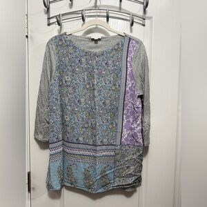J. JILL Womens top M Grey Floral Paisley Patchwork 3/4 Sleeve cottagecore pastel